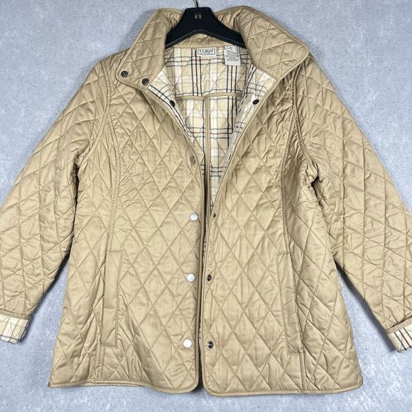 L.L.Bean Gold Quilted Jacket Women Small Tan Nova Check Plaid Lined Snap Button - Picture 2 of 9